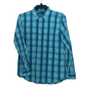 Mens Y2K Plaid Button Down Casual Shirt Sz L Vivid Teal Long Sleeve Collared